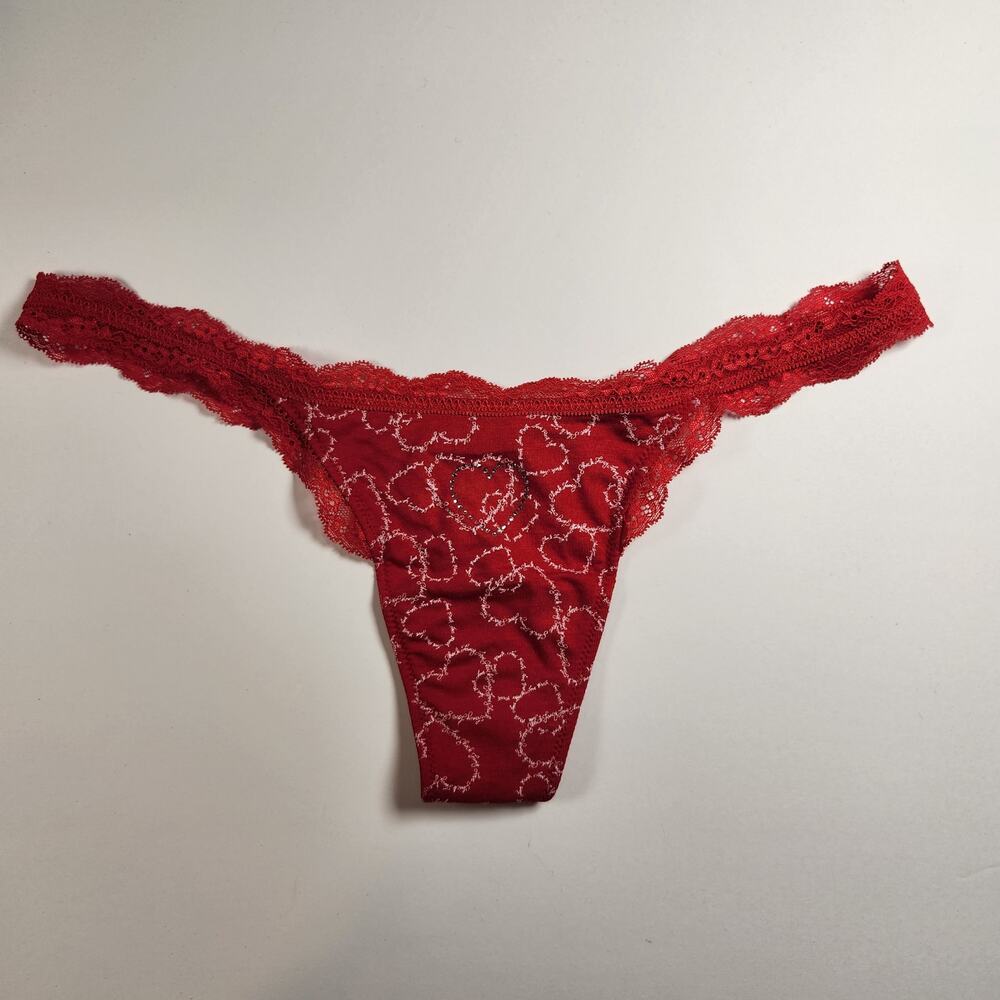 VS PINK Loveshackfancy Lace Trim Cotton Thong Panty - Red Heart - Medium
